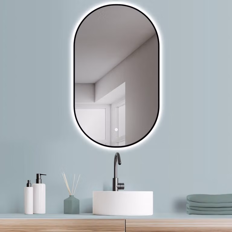 PonteSino Badkamerspiegel Ovaal met Indirecte Verlichting en Traploos Instelbare Kleurtemperatuur Zwart Aluminium Frame IP44 Turin B: 45 cm, H: 75 cm