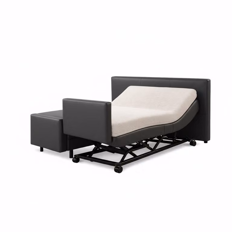 Boxspring ComfortLift Hoog-Laag Bed 2-persoons Elektrisch Verstelbaar met Voetbord – Seniorenbed – Antraciet Lederlook – B/D: 140 x 200 cm