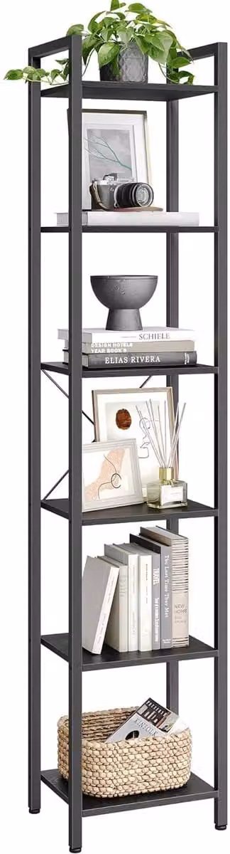 VASAGLE Boekenkast met 6 niveaus, Staand rek, Ebbenhoutzwart-zwart, H x B x D: 187,5 x 30 x 40 cm