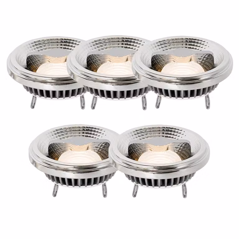 Set van 5 LUEDD G53 dimbare LED lampen, 12W, 600 lm, 2700K Warm Wit, Zilver