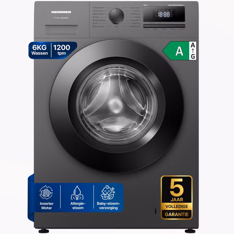 Heinner HWM-HME612IVSMTG Slimme Wasmachine 6 kg, 1200 tpm, Inverter, Stoom, Digitaal Display, Titaniumgrijs