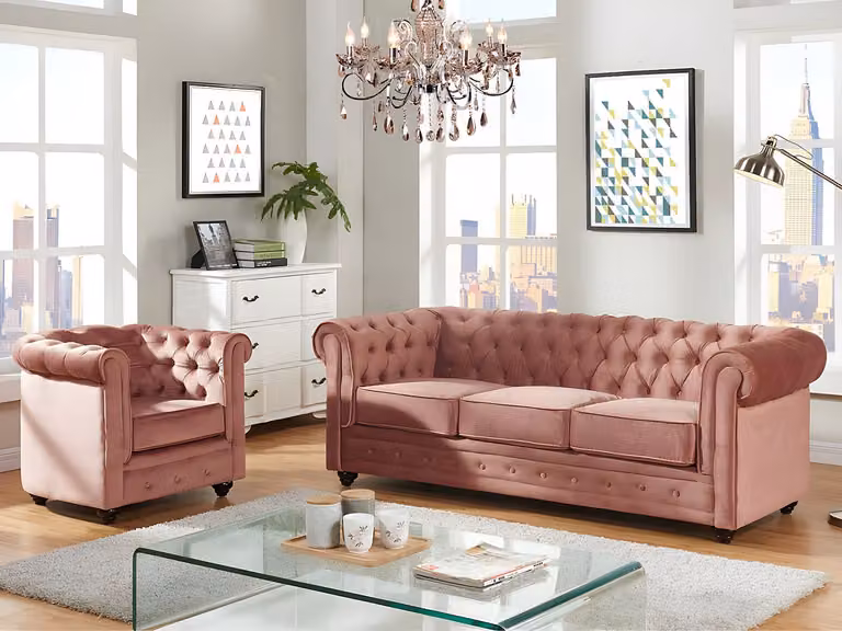 Vente-unique Chesterfield set met driezitsbank en fauteuil in roze velours