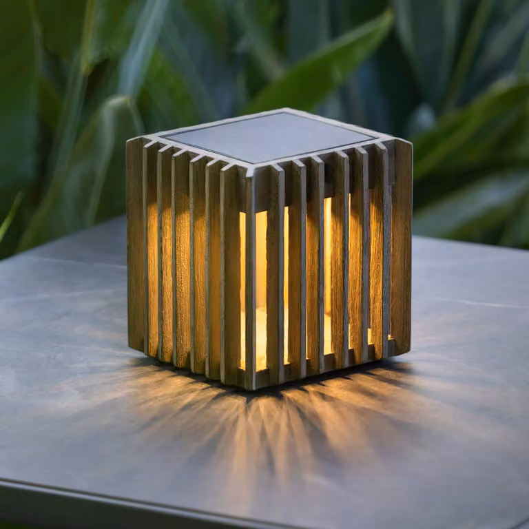 Les Jardins Verti dimbare LED tafellamp op zonne-energie, hout, bruin/grijs, 3000 K, 300 lm