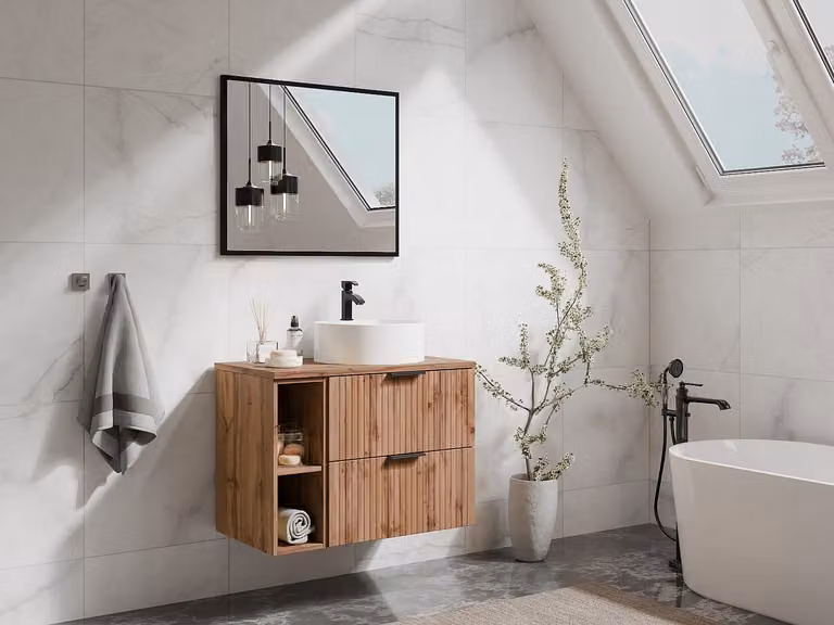 ZEVARA Geribbeld hangmeubel voor badkamer met ronde opbouwwastafel en nissen - Licht naturel - B: 80 cm