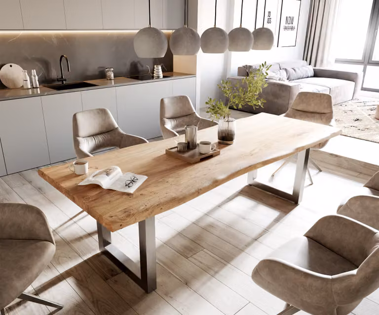 DELIFE Eettafel Edge Live-Edge Acacia Hout en RVS, Bruin/Zilver, B: 260 cm, D: 100 cm, H: 76,5 cm