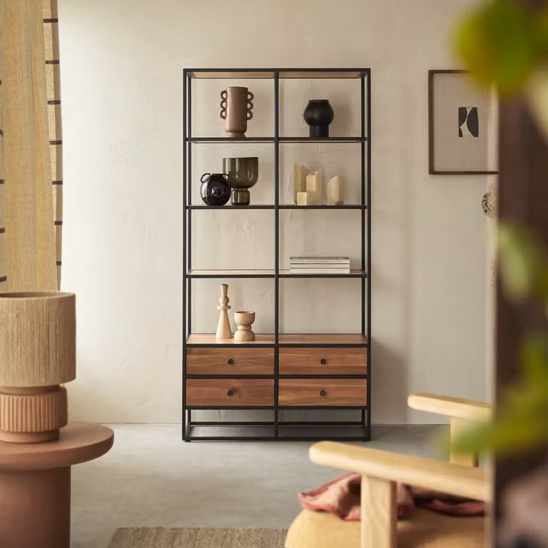 Tikamoon Boekenkast van massief acacia en metaal - Bruin - B: 88 cm, D: 35 cm, H: 175 cm