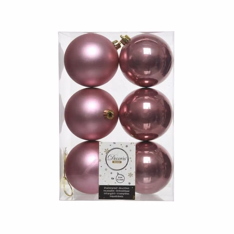 Decoris Set van 6 onbreekbare kerstballen in roze velours, diameter 8 cm