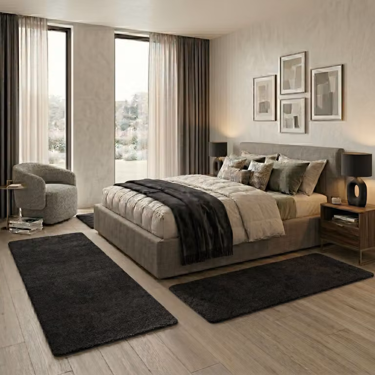 FLOORDIREKT Sphinx Slaapkamer Vloerkleed Set - Zwart - 1 Loper 67 x 240 cm en 2 Lopers 67 x 140 cm