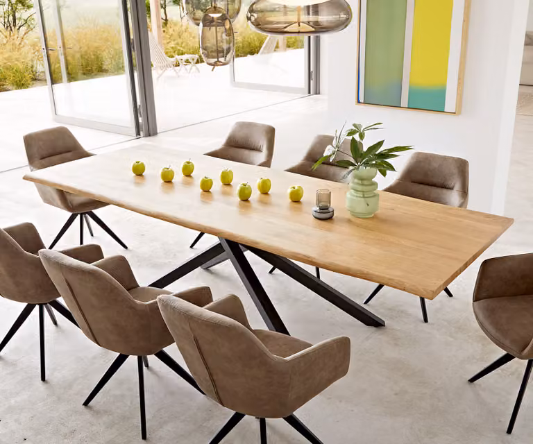 DELIFE Eettafel Edge Live-Edge Eiken en Acacia met Zwart Kruisframe, Rechthoekig, Bruin/Zwart, B: 260 cm, D: 100 cm, H: 72,5 cm
