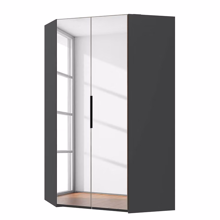 home24 Level36 moderne hoekkast met ledverlichting en spiegeldeur, grijs/zwart, Hoogte: 216 cm