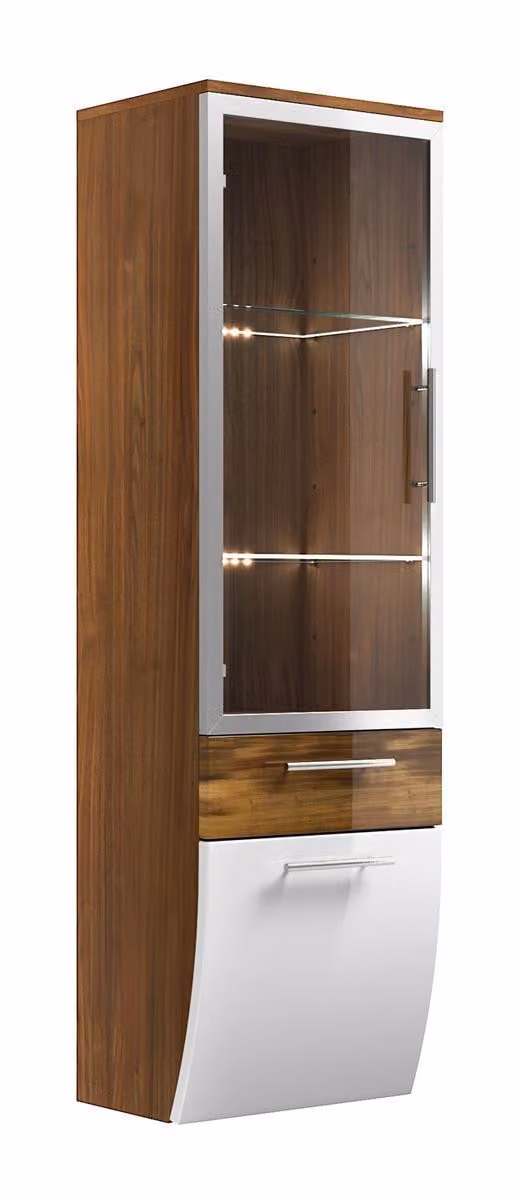 Posseik hoge kast met glazen deuren en laden, walnoot/wit, Hoogte: 134,5 cm