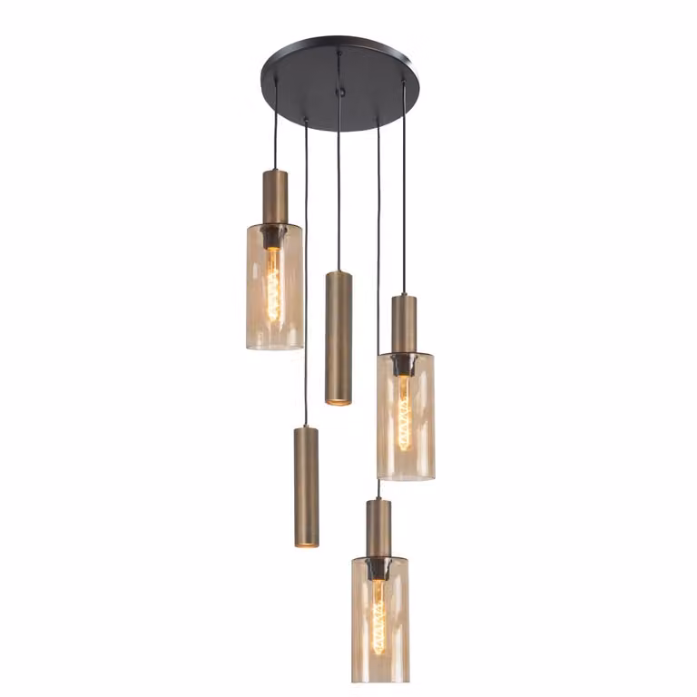 Highlight Perugia hanglamp 5-lichts zwart met brons en amber glas, Ø 45 cm