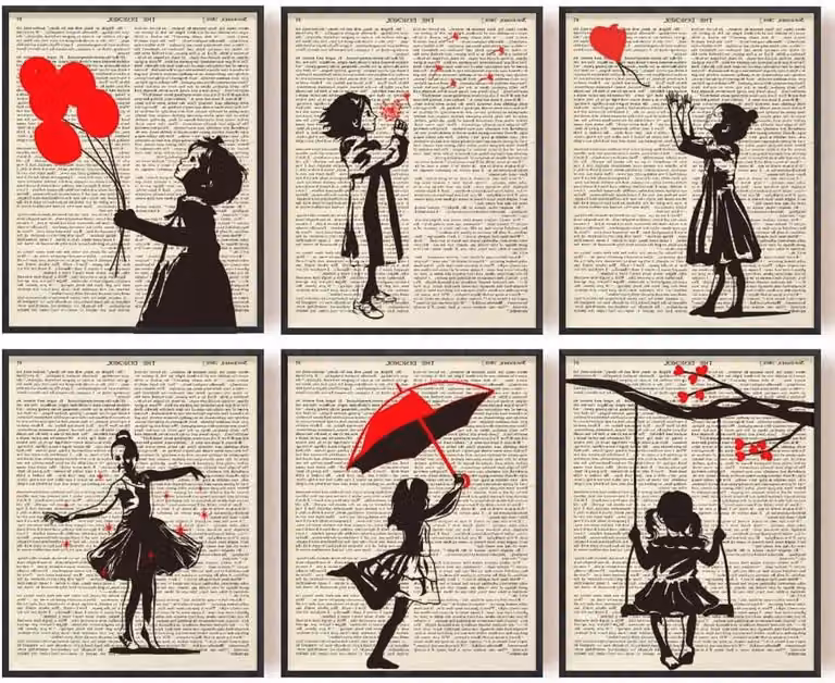 Provento Set van 6 moderne canvas wandkunstdrukken met rood en zwarte graffiti graphics, 8 x 10 cm