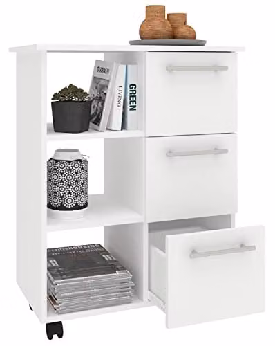 VCM Esilo Keukentrolley met drie laden, Wit, H 85 x B 68 x D 38 cm