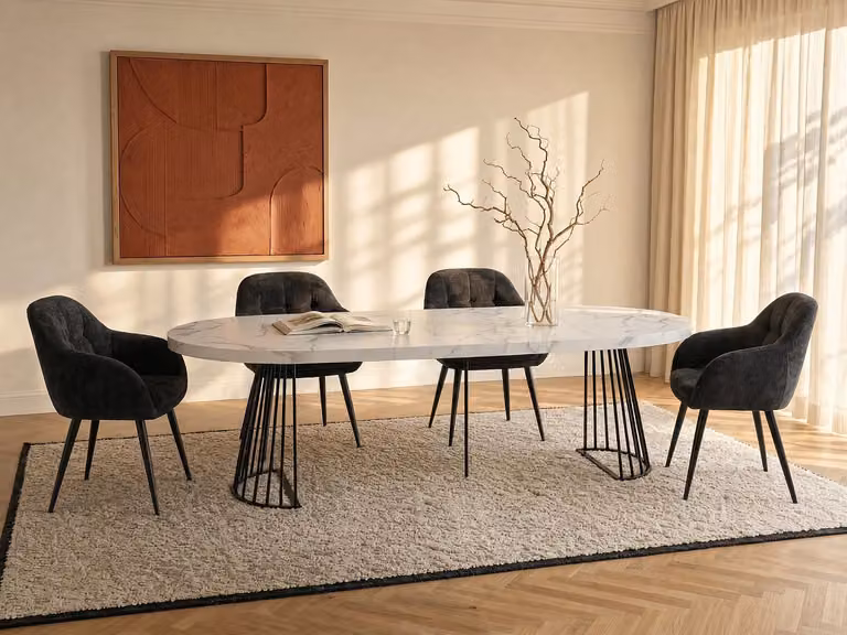 FIRELA Uitschuifbare eettafel voor 8+ personen met wit en zwart abstract marmereffect - Ovaal - MDF en metaal - B/D/H: 230 x 110 x 76 cm