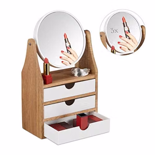 Relaxdays Make up organizer met vergrotende spiegel en 3 lades, natuur/wit, H 34 x B 19 x D 10.5 cm