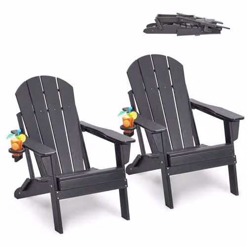 VEVOR Adirondack stoelen set van 2, weerbestendige kunststof klapstoelen met bekerhouder en armleuningen, grijs