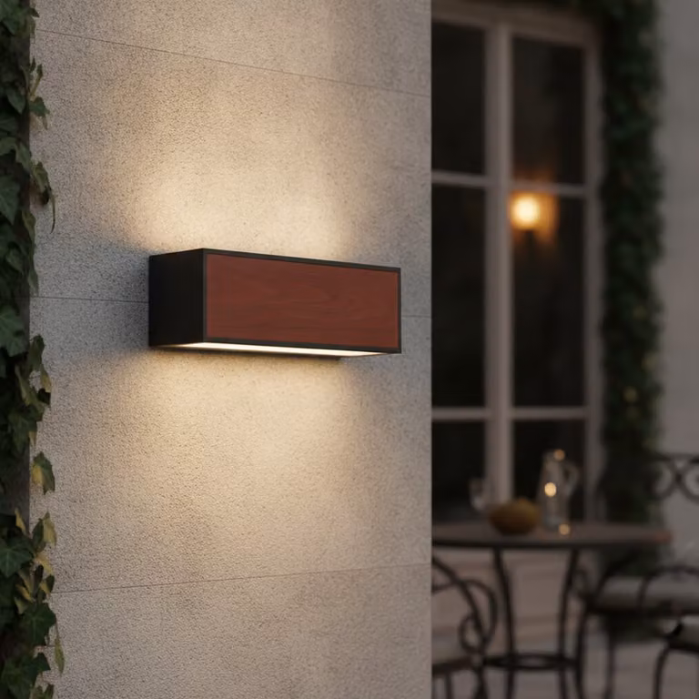 Lyora Solar LED-wandlamp voor de tuin in zwart en bruin met hout, B: 26 cm, D: 9 cm, H: 9 cm