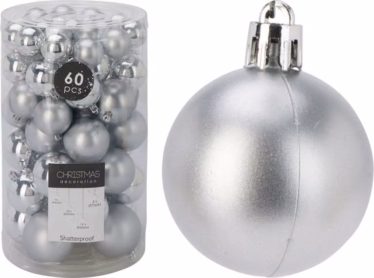 Set van 60 onbreekbare zilveren kerstballen van kunststof met verschillende diameters