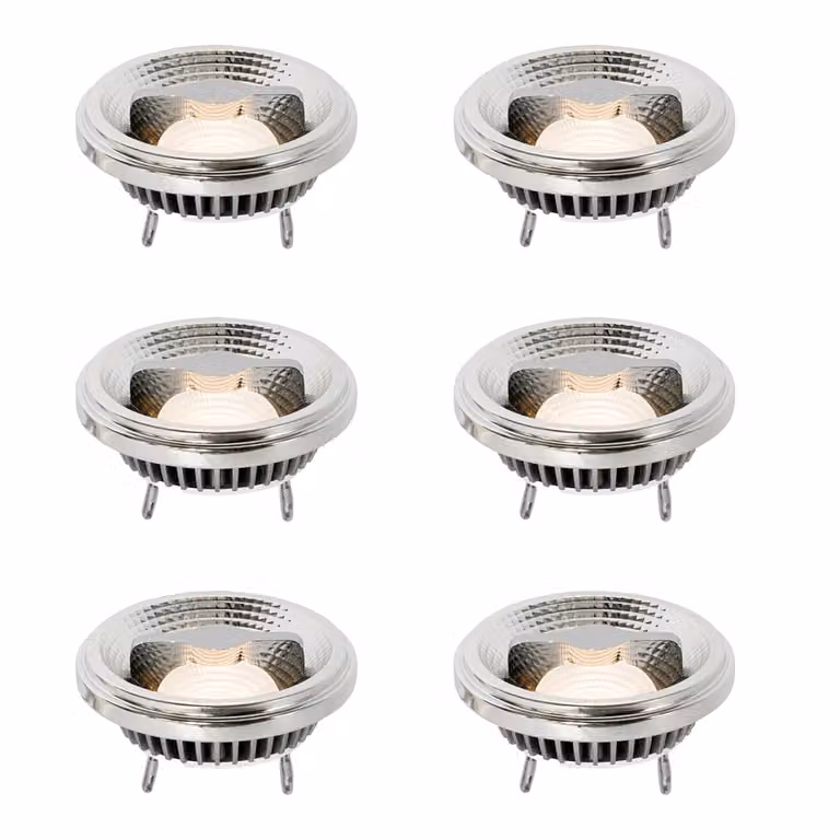 Set van 6 LUEDD G53 dimbare LED lampen, 12W, 600 lm, 2700K warm wit, zilver metaal
