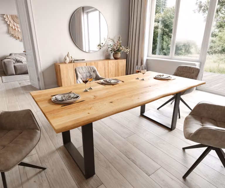 DELIFE Eettafel Edge Live-Edge Eikenhout met Sled Base, Zwart/Bruin, B: 200 cm, D: 100 cm, H: 73,5 cm
