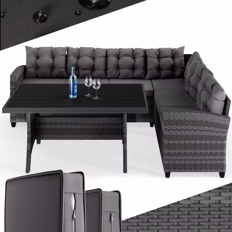 Casaria Polyrattan hoek loungeset met WPC eettafel en grijze kussens