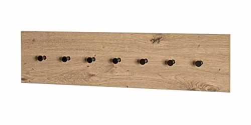 HAKU Wandkapstok Licht Eiken, Modern Garderobepaneel met 7 Haken, MDF en Metaal, B: 80 cm, H: 20 cm, D: 5 cm