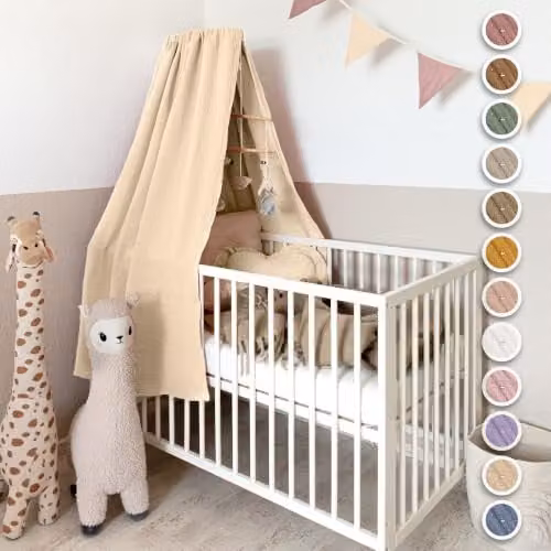 Lilimaus Klamboe voor babybed van mousseline katoen met gouden details, crème, 140 cm