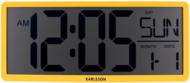 Karlsson Wandklok Retro LCD Geel - Digitale Scandinavische Wandklok - B/D/H: 34,8 x 2,7 x 14,8 cm