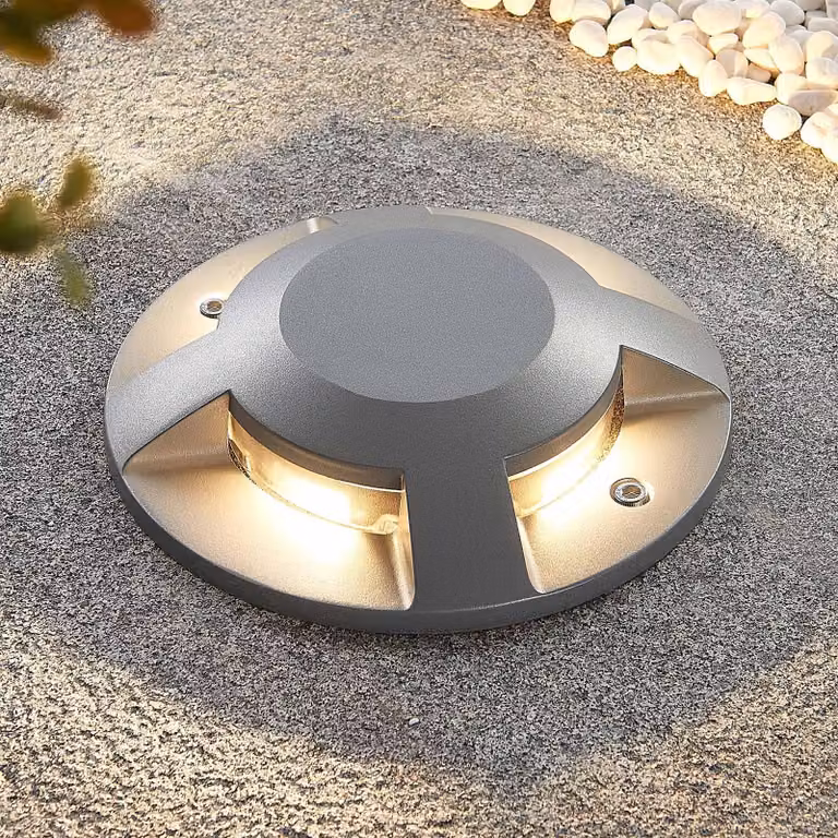 Lucande Jeffrey LED-vloerspot voor tuin en terras, zilver/grijs, aluminium, modern