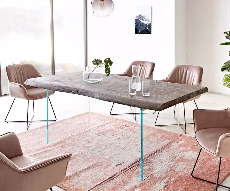 DELIFE Eettafel Edge XL Acacia Platina met Live-Edge en Glas, B/D/H: 200 x 100 x 76,5 cm