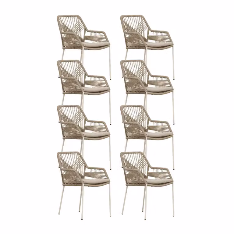 Seville dining tuinstoel set van 8 met touw en staal in beige