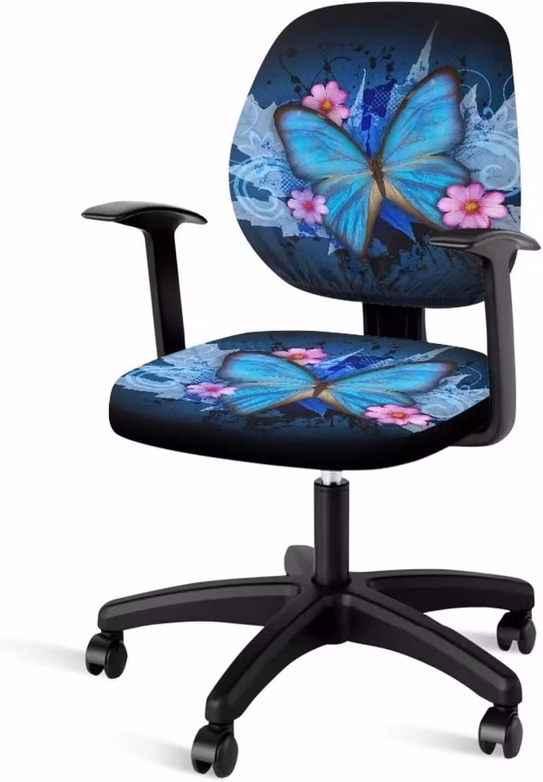 Set van 2 Rekbare Bureaustoel Hoezen met Blauwe Vlinder Bloemenprint - Polyester Beschermhoes voor Armchairs