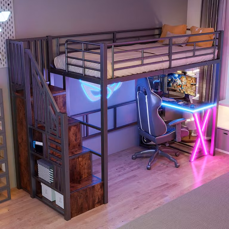 MIVRAY Hoogslaper Zwart met Led-sfeerverlichting, Bureau, Kledingkast en Regalen, B/D/H: 252,5 x 169 x 95,5 cm