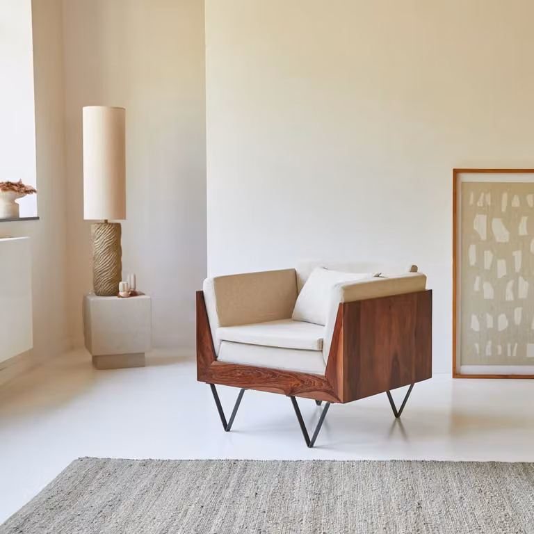 Tikamoon Metric Fauteuil van Massief Palissander en Stof - Beige