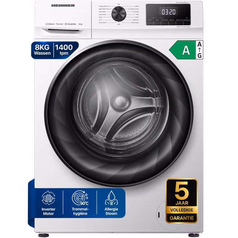 Heinner HWM-H8014INVA Voorlader Wasmachine, 8 kg, 1400 tpm, Inverter, Stoomfunctie, Wit