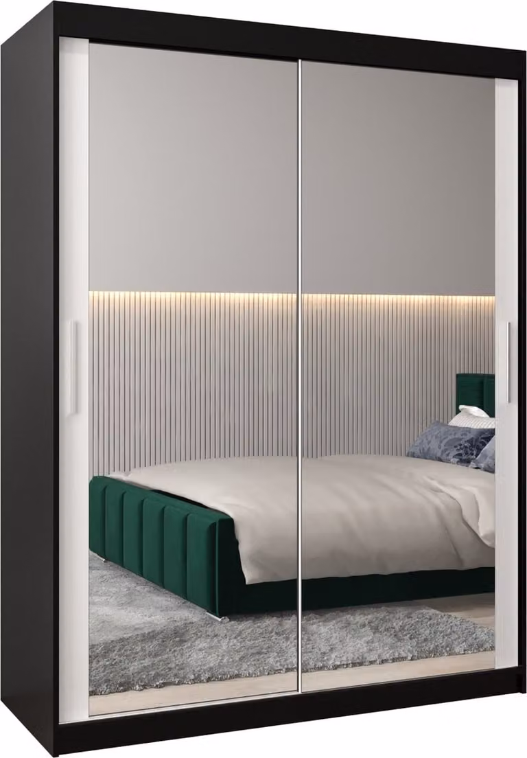 InspireMe TORM III 150 Kledingkast met 2 schuifdeuren en 2 lades, Zwart Mat + Wit Mat, B: 150 cm, H: 200 cm, D: 62 cm