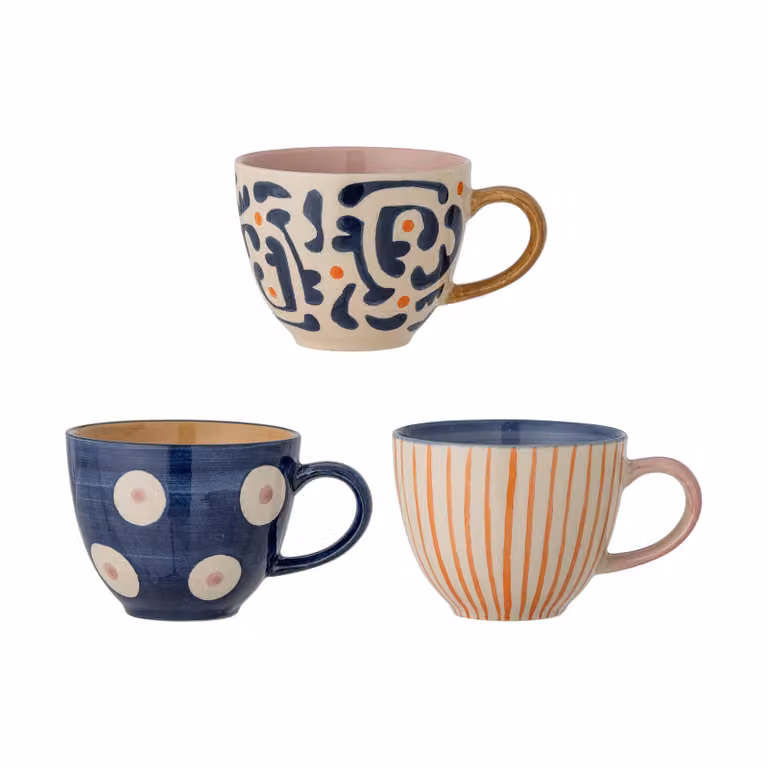 Bloomingville Eviaya mokken set van 3, keramiek, blauw-multi, 29 cl