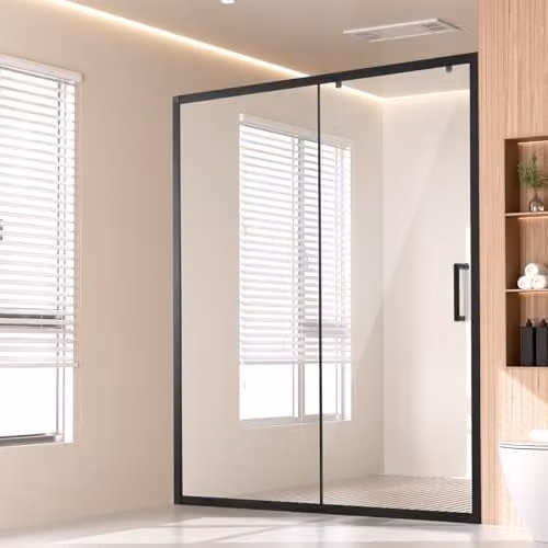 VEVOR Semi-frameloze glazen douchedeur met 6 mm helder gehard glas en roestvrijstalen beslag, matzwart, Breedte: 145,9-149,9 cm, Hoogte: 177,8 cm