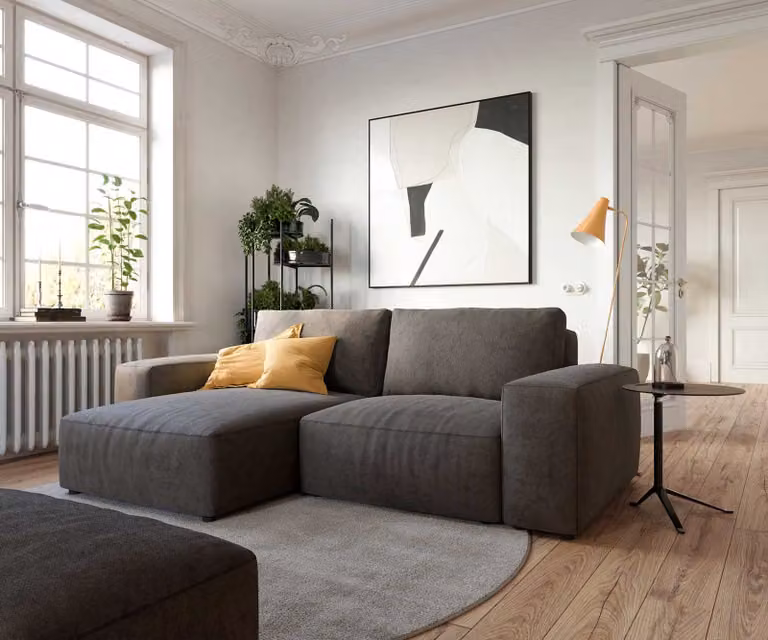 DELIFE Hoeksofa Lanzo Bruin Microvezel met variabele recamière en hocker B/D/H: 233 x 155 x 103 cm