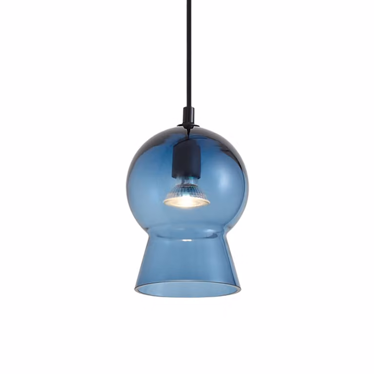 Qazqa Retro hanglamp zwart met blauw glas voor 1-fase railsysteem