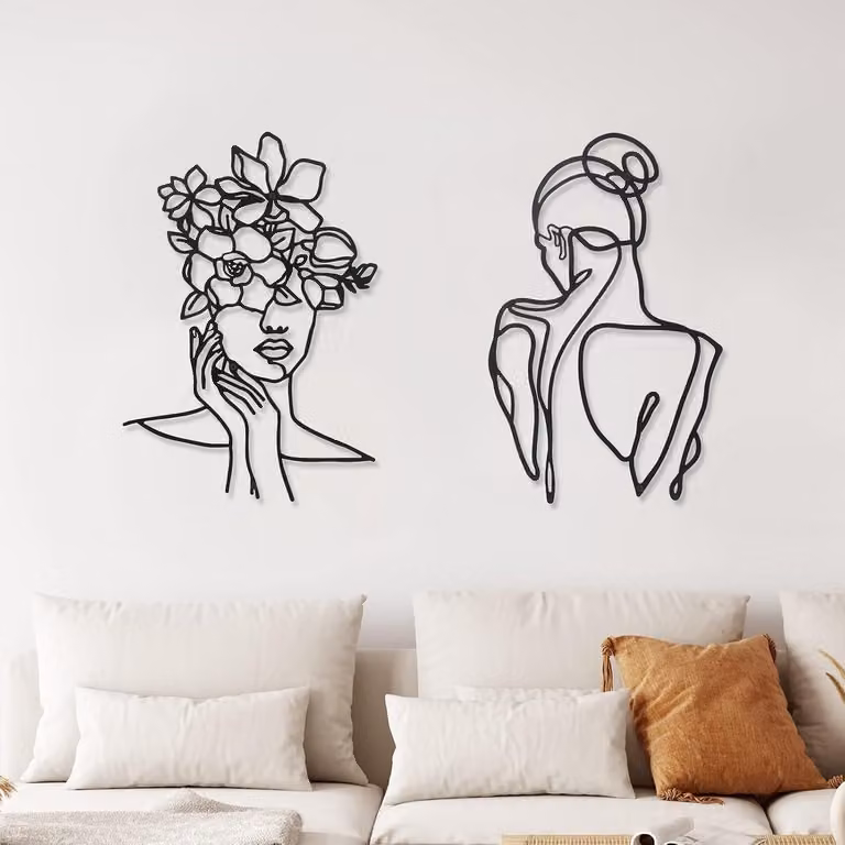 Photect Set van 2 stuks Metalen Minimalistische Wanddecoratie Abstracte Vrouw Moderne Single Line Decoratie voor Slaapkamer en Woonkamer