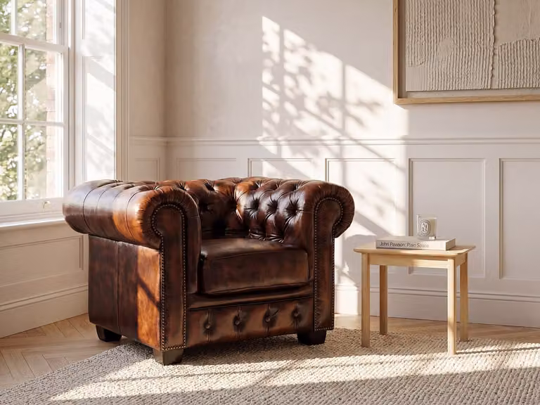 Vente-unique BRENTON Chesterfield fauteuil van 100% buffelleer in bruin tinten
