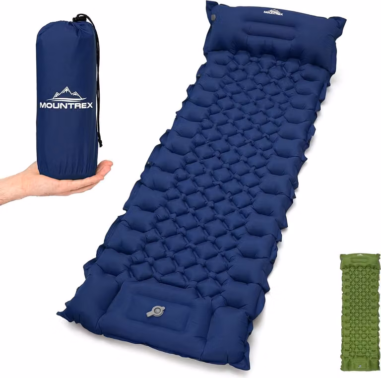 Blauwe opblaasbare slaapmat voor volwassenen, ultralicht campingluchtmatras van 700 g