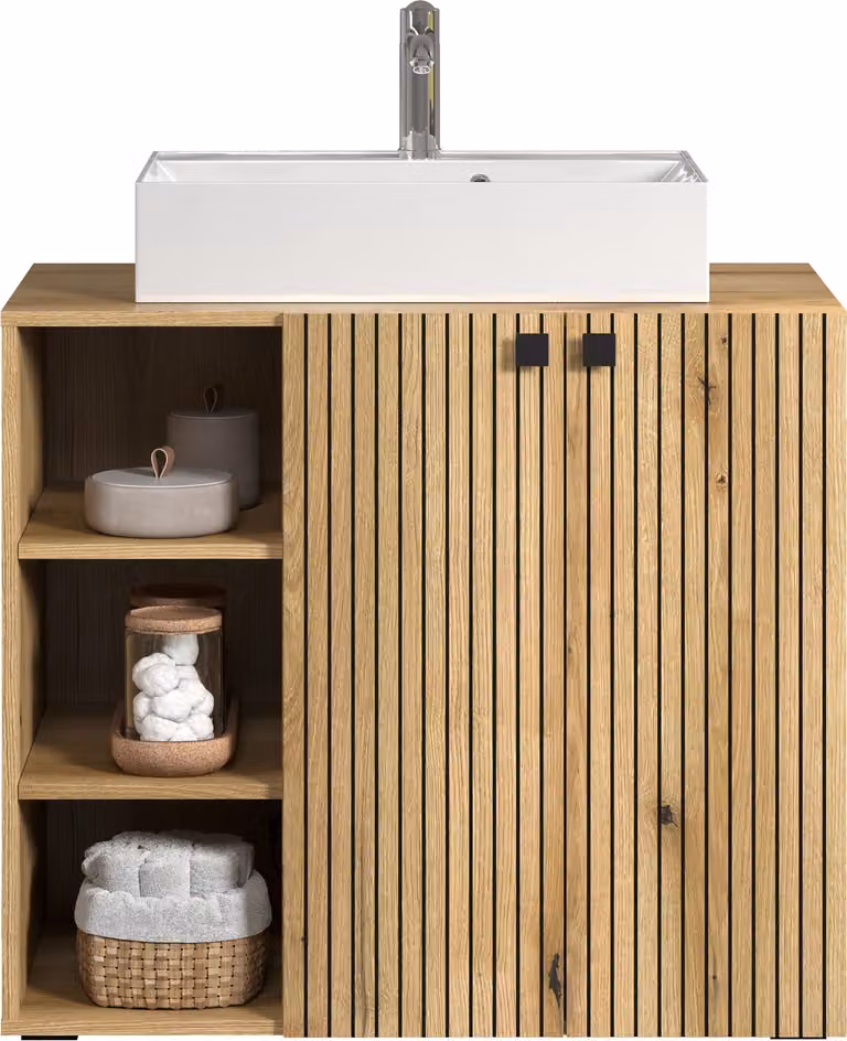 PureBliss waskast met wastafel in eiken decor en wit met keramische wastafel