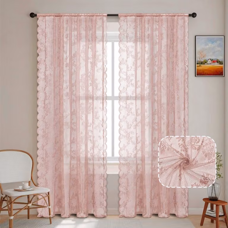 Roze transparante gordijnen van bloemenkant, set van 1 stuk, B: 100 cm, H: 244 cm