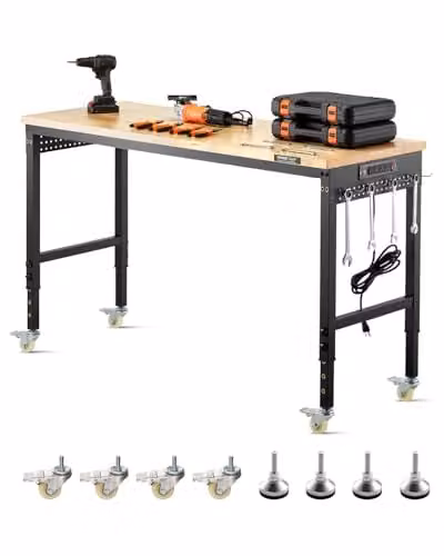 VEVOR Werkbank met eikenhouten blad en wielen, hoogte verstelbaar, B/D/H: 152,4 x 55,9 x 71,1-103,0 cm, draagvermogen 907 kg, zwart/bruin
