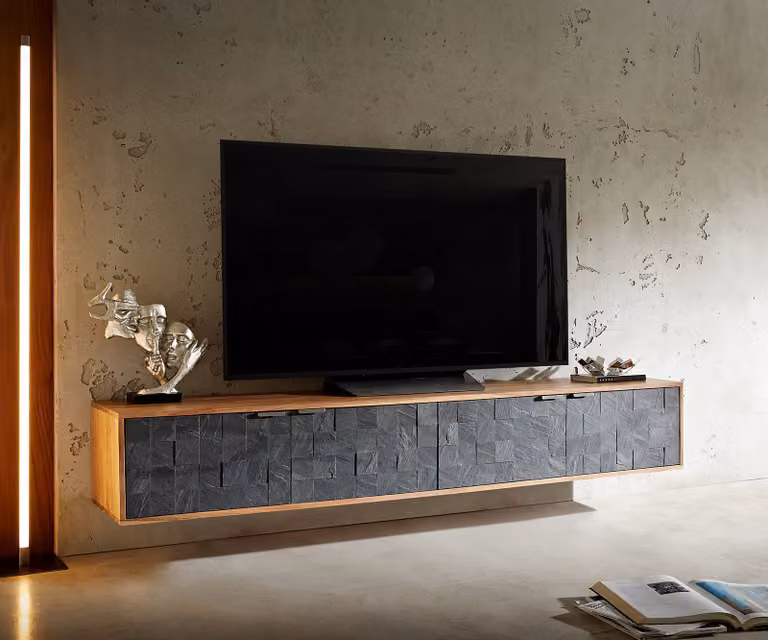 DELIFE Teele TV-meubel - Zwevend Lowboard van Acacia en Natuurleisteen - Wit - Breedte: 200 cm, Hoogte: 35 cm, Diepte: 45 cm