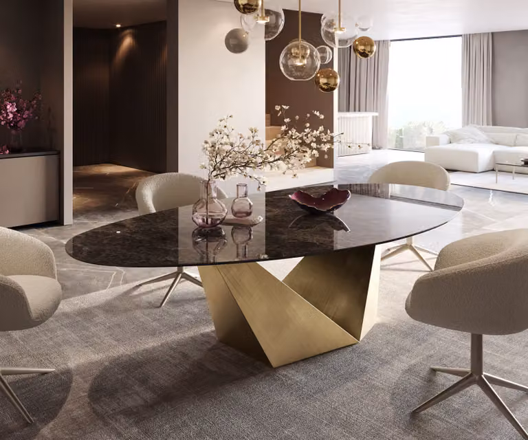 DELIFE Eettafel Edge Ovaal Keramiek Emperador Extra Lucidato Donkerbruin met Prisma Metallic Goud, B/D/H: 280 x 130 x 76 cm