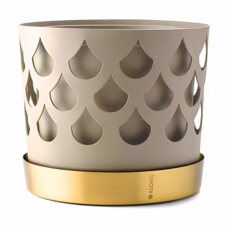 KLONG Trio Drop bloempot beige met messing schotel, Medium, Ø18 cm